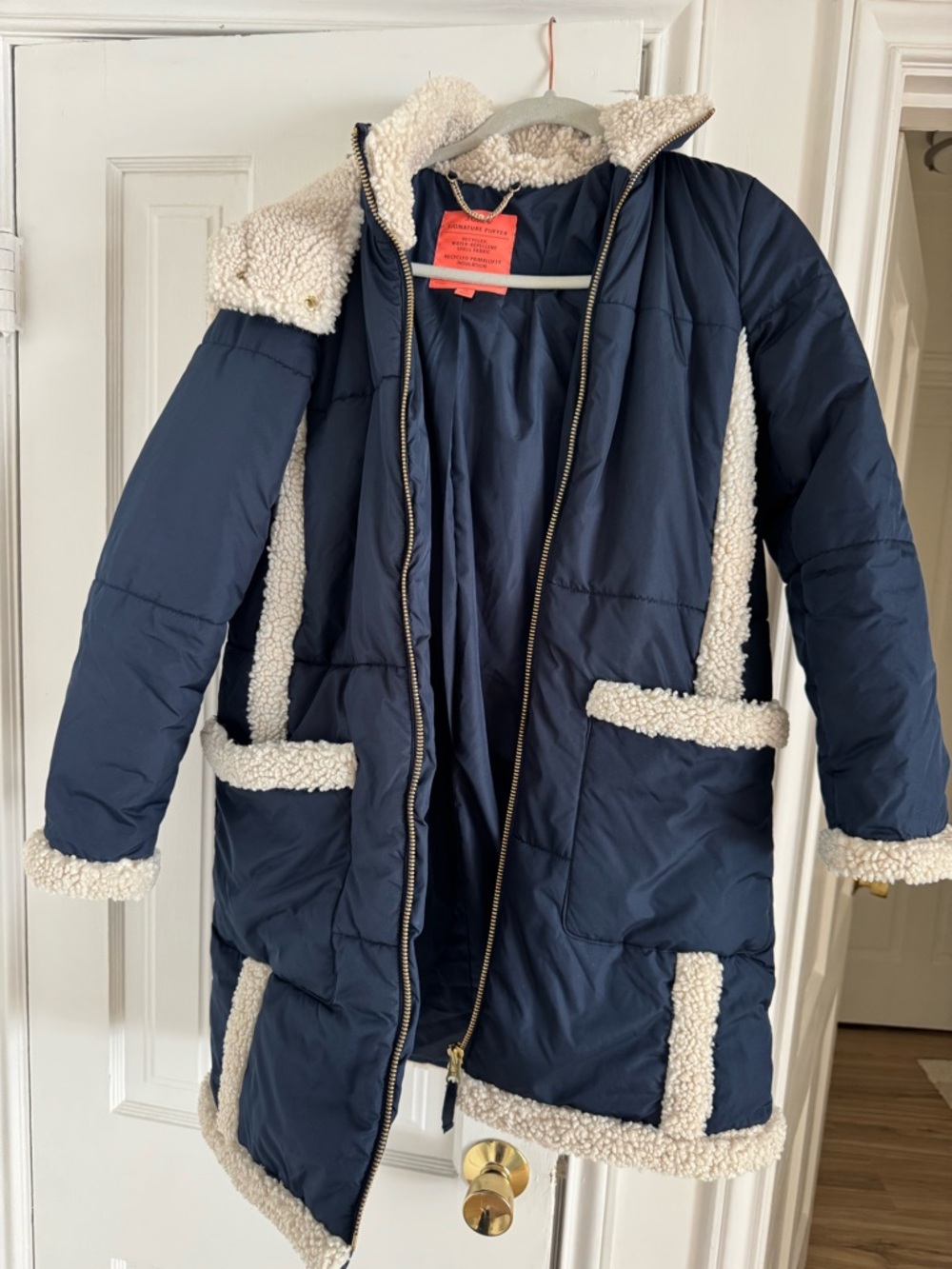 J. Crew Navy Puffer Coat with Cream Sherpa Trim